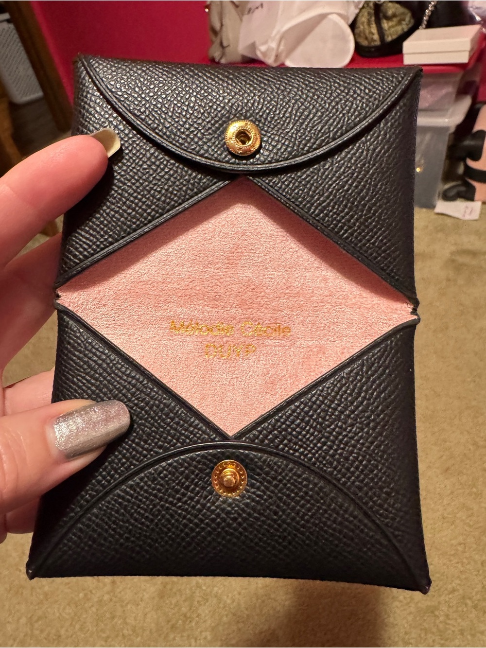 Black Leather Envelope Card Holder with Pink Suede Interior